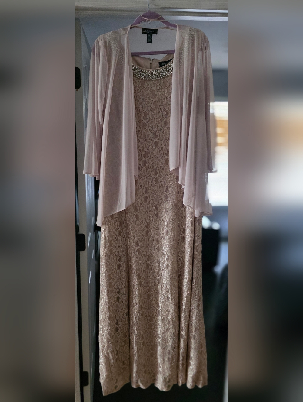 Embellished Neckline Lace Maxi Dress with Sheer Jacket - Champagne